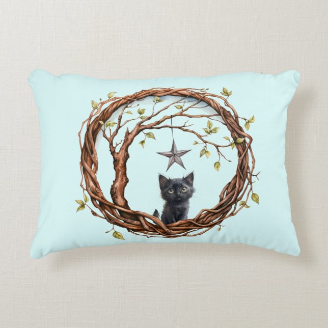 Cute Black Kitten Watching a Star Accent Pillow (Front)