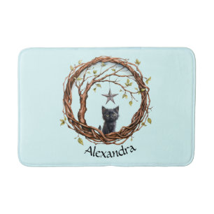 Cute Black Kitten Watching a Star Bath Mat