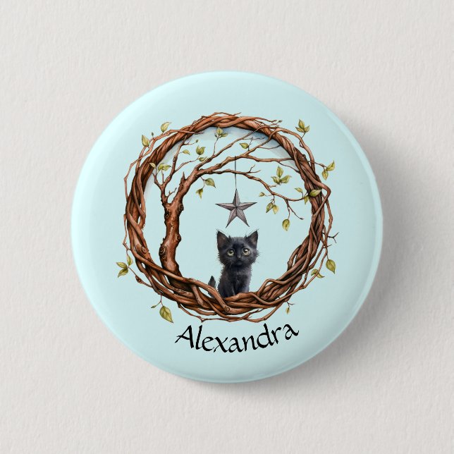 Cute Black Kitten Watching a Star Button (Front)