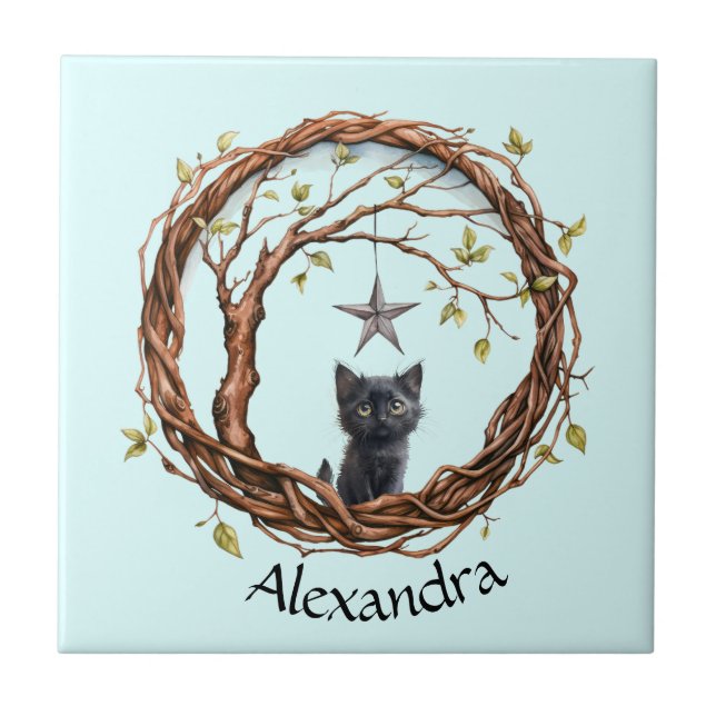 Cute Black Kitten Watching a Star Ceramic Tile (Front)