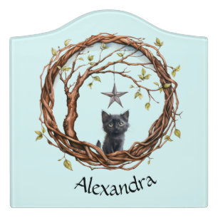 Cute Black Kitten Watching a Star Door Sign