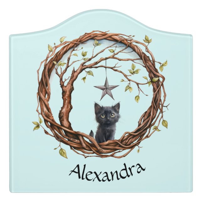 Cute Black Kitten Watching a Star Door Sign (Large Crest Front)