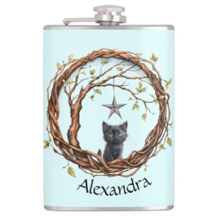 Cute Black Kitten Watching a Star Flask