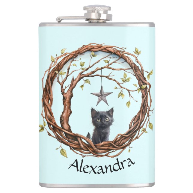 Cute Black Kitten Watching a Star Flask (Front)