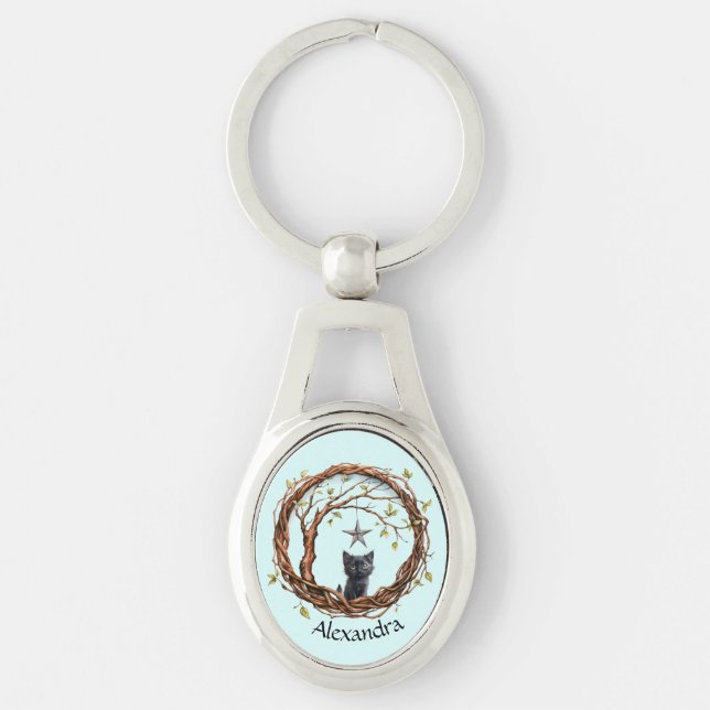 Cute Black Kitten Watching a Star Keychain (Front)