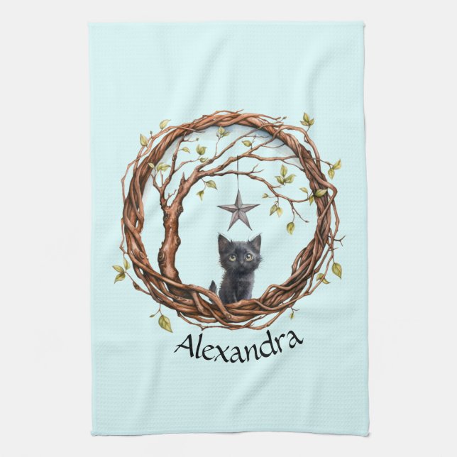 Cute Black Kitten Watching a Star Kitchen Towel (Vertical)