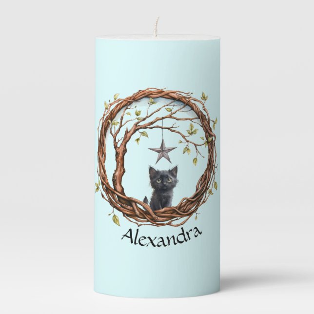 Cute Black Kitten Watching a Star Pillar Candle (Front)