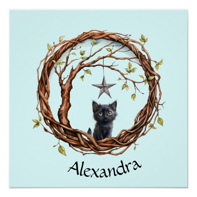 Cute Black Kitten Watching a Star Poster (Front)