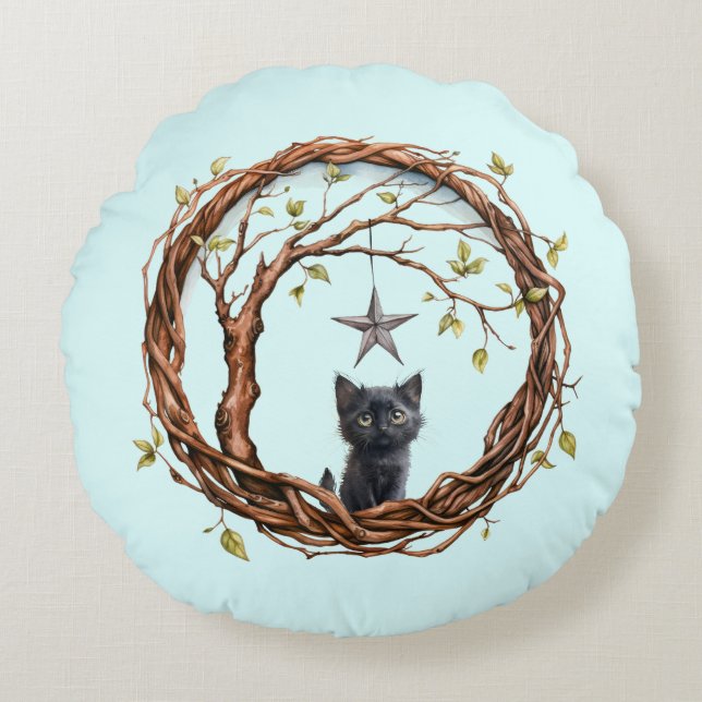 Cute Black Kitten Watching a Star Round Pillow (Front)