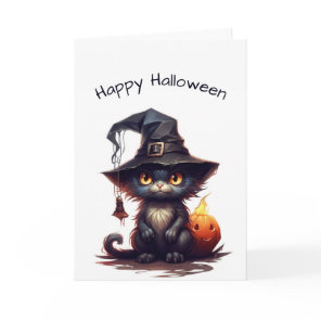 Cute Black Kitten Witch Halloween Card
