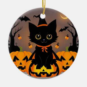 🧙‍♀️🐱 Cute Black Kitten Witchy Halloween Magic ✨ Ceramic Ornament