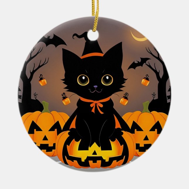 🧙‍♀️🐱 Cute Black Kitten Witchy Halloween Magic ✨ Ceramic Ornament (Front)