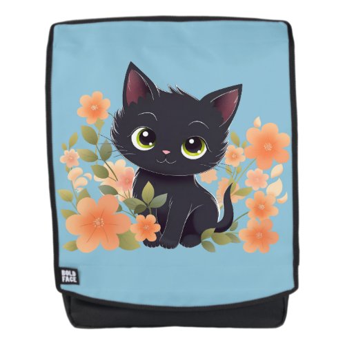 Cute Black Kitten with Flowers Backpack