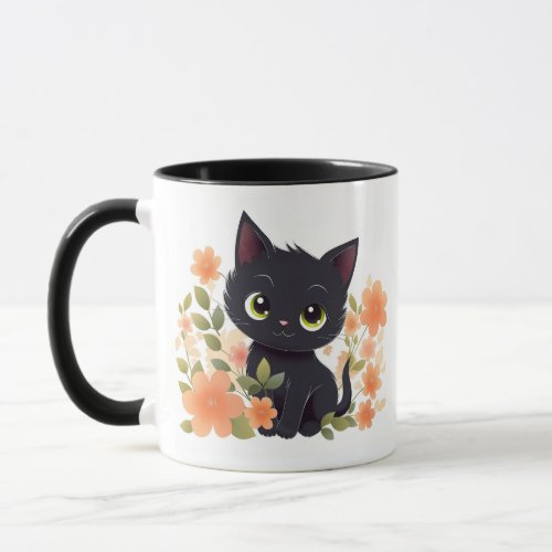 Cute Black Kitten with Flowers Mug