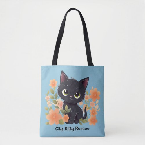 Cute Black Kitten with Flowers Tote Bag