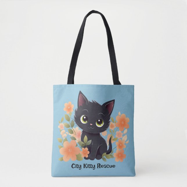 Cute Black Kitten with Flowers Tote Bag (Front)