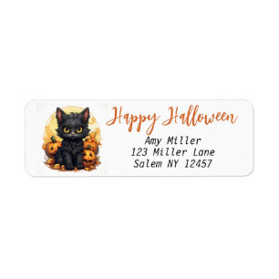 Cute Black Kitten with Jack-O-Lanterns Halloween Label