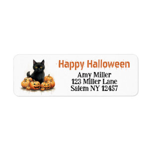 Cute Black Kitten with Jack-O-Lanterns Halloween Label