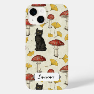 Cute Black Kitten with Mushrooms Personalized name Case-Mate iPhone 14 Case