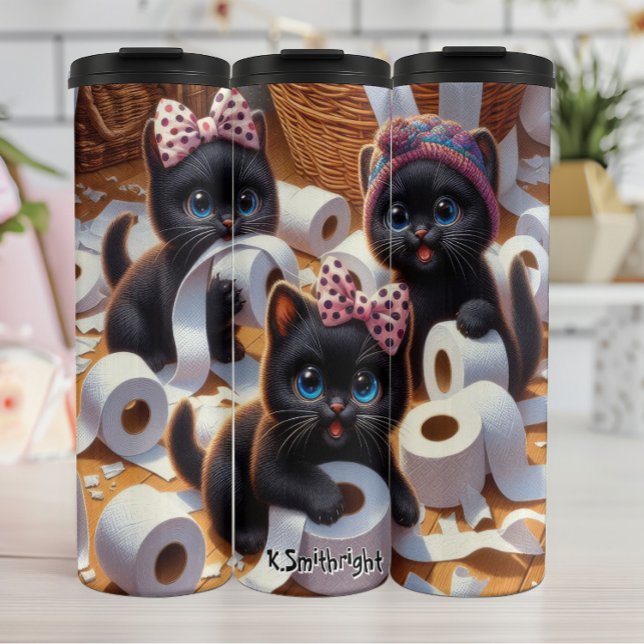 Cute Black Kittens Playing Toilet Paper Thermal Tumbler (Creator Uploaded)
