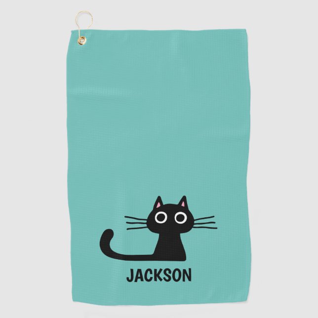 Cute Black Kitty Cat | Cool Kitten Personalized Golf Towel (Front)