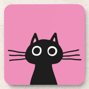 Cute Black Kitty Cat - Fun Animal Art Hot Pink Beverage Coaster