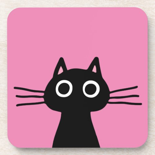 Cute Black Kitty Cat _ Fun Animal Art Hot Pink Beverage Coaster