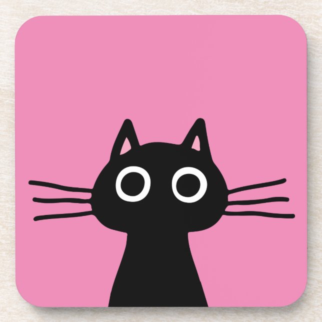 Cute Black Kitty Cat - Fun Animal Art Hot Pink Beverage Coaster (Front)