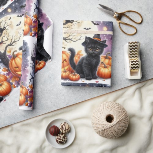 Cute Black Kitty Cat Halloween Wrapping Paper