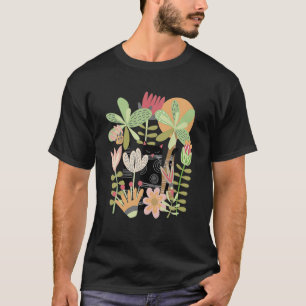 Cute Black Kitty Cat In The Jungle Flowers Gardeni T-Shirt