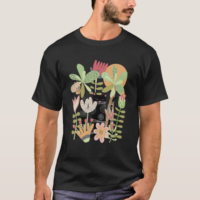 Cute Black Kitty Cat In The Jungle Flowers Gardeni T-Shirt (Front)