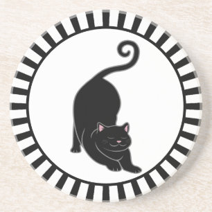 Cute black kitty cat on black & white coaster