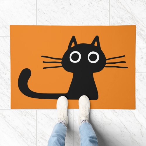 Cute Black Kitty Cat  Orange and Black Halloween Doormat