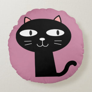 CUTE BLACK KITTY CAT PILLOWS, Pink Round Pillow