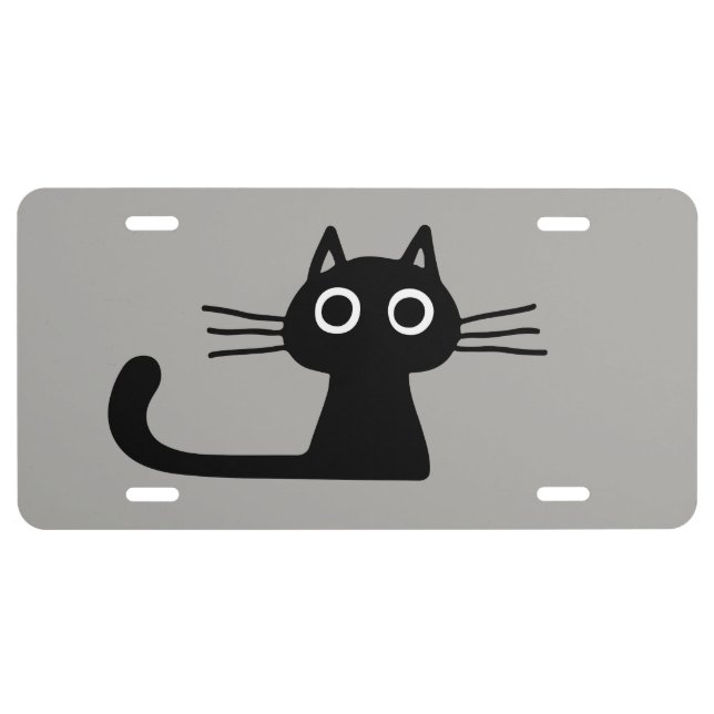 Cute Black Kitty Cat with Long Whiskers and Tail License Plate (Front)