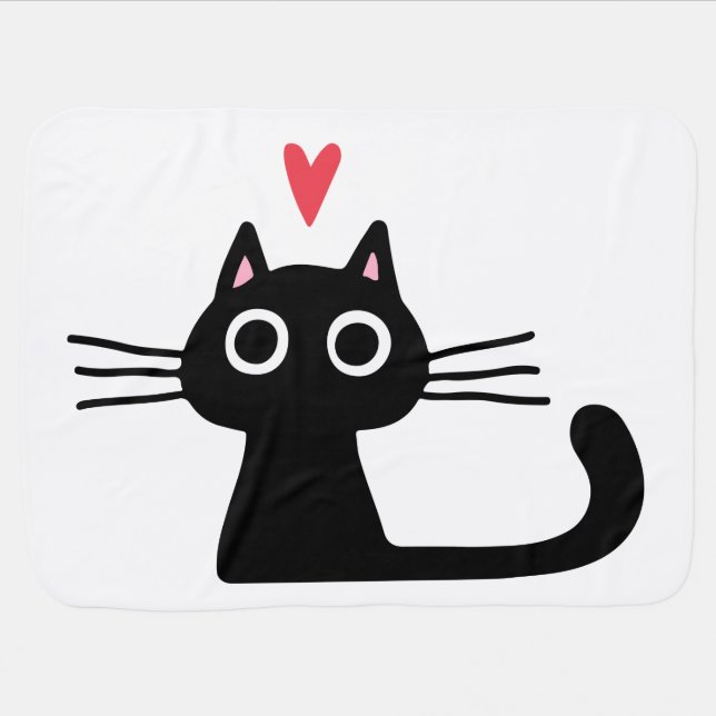 Cute Black Kitty Cat with Valentine Heart Baby Blanket (Horizontal)
