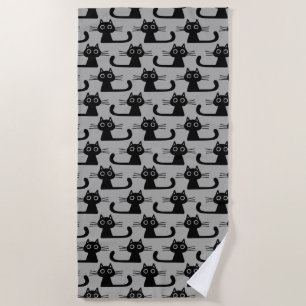 Cute Black Kitty Cats Pattern Grey and Black Beach Towel