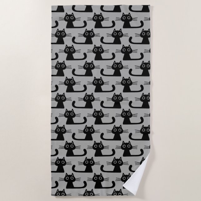Cute Black Kitty Cats Pattern Grey and Black Beach Towel (Front)