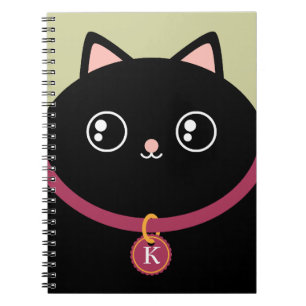 Cute Black Kitty Face Custom Name Monogram Notebook