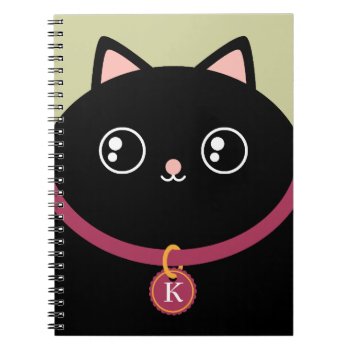 Cute Black Kitty Face Custom Name Monogram Notebook by tashatzazzle at Zazzle