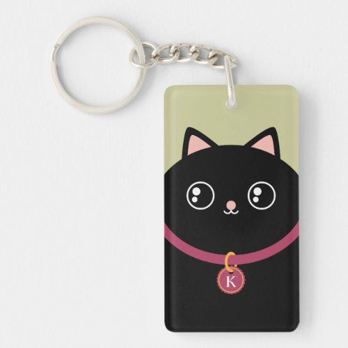 Cute Black Kitty Face Kawaii Custom Name Monogram Keychain