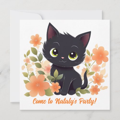 Cute Black Kitty Kawaii Chibi Invitation