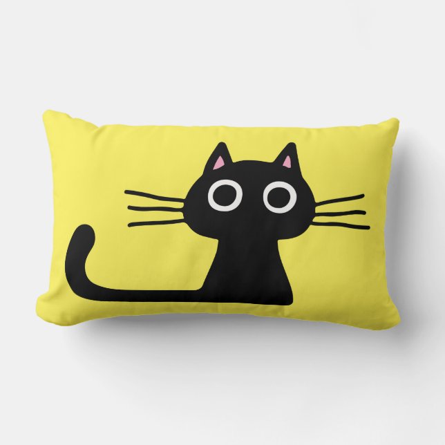 Cute Black Kitty | Quirky Cat with Long Whiskers Lumbar Pillow (Front)