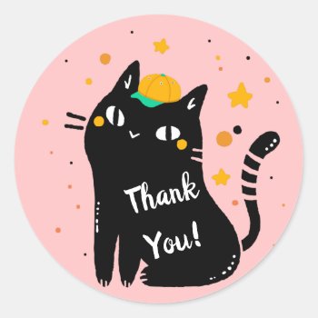 Cute Black Kitty Thank You Classic Round Sticker by kazashiya at Zazzle