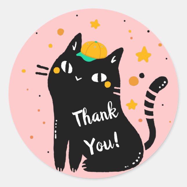 Cute Black Kitty Thank You Classic Round Sticker (Front)