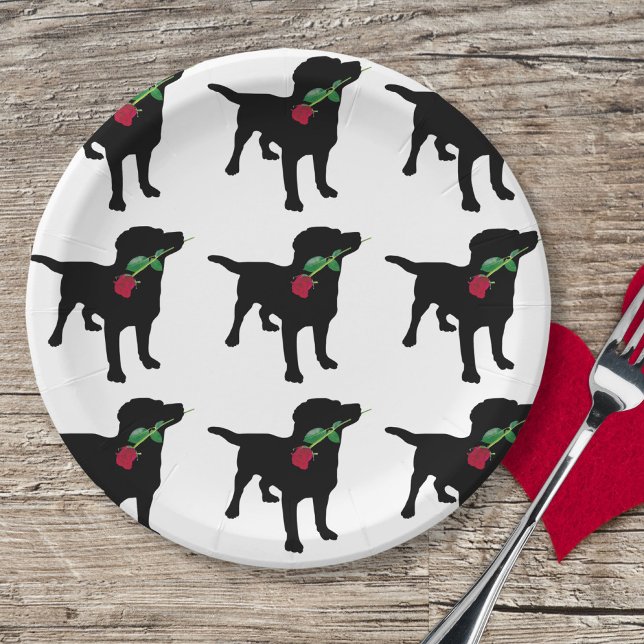 Cute Black Lab Dog holding Red Rose Paper Plates (Creator Uploaded)