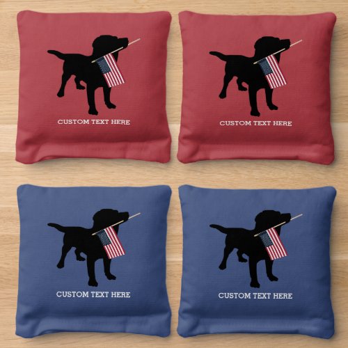 Cute Black Lab Dog Holding USA Flag Custom Text Cornhole Bags