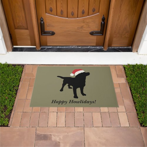 Cute Black Lab Dog with Christmas Santa Claus Hat Doormat