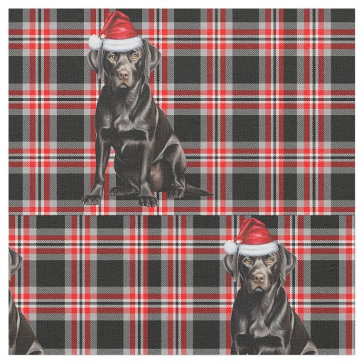 Cute Black Lab Santa Dog on Red Plaid Christmas Fabric