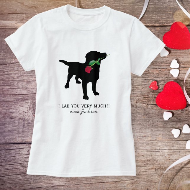 Cute Black Lab Valentine Dog holding Red Rose T-Shirt (Creator Uploaded)